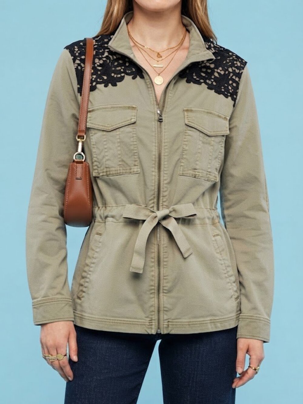 GAP Army Green Jacket with Navy Lace & Ribbon Drawstring Waist Tie